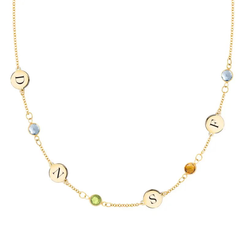Personalized Classic 4 Letter & 4 Birthstone Necklace in 14k Gold (Single Spacing) sold by Haverhill