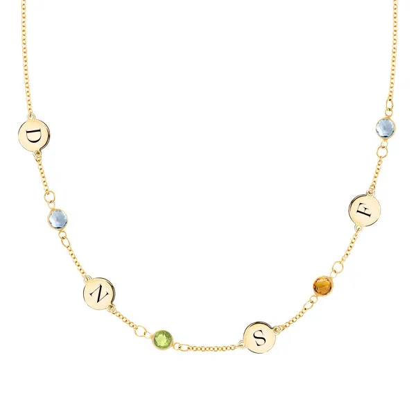 Personalized Classic 4 Letter & 4 Birthstone Necklace in 14k Gold (Single Spacing) sold by Haverhill