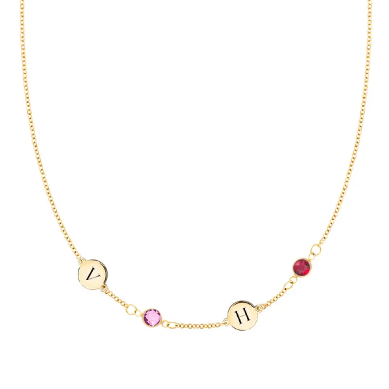 Personalized Classic 2 Letter & 2 Birthstone Necklace in 14k Gold (Single Spacing) sold by Haverhill