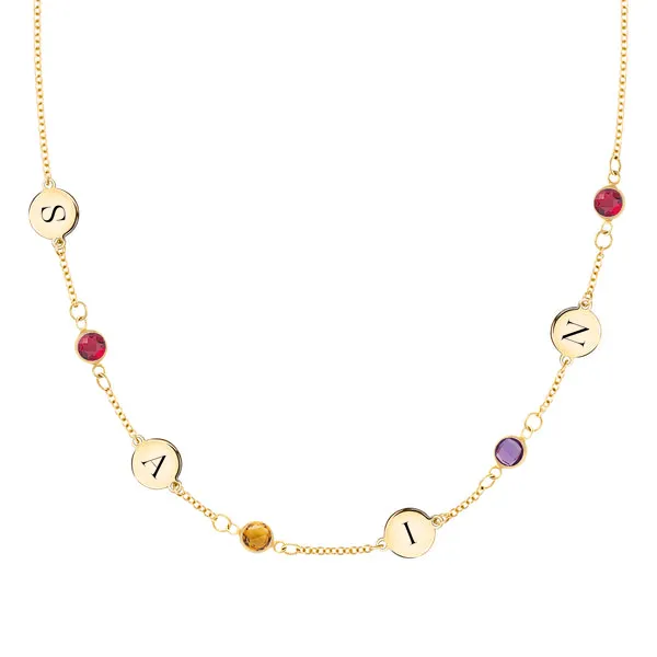 Personalized Classic 4 Letter & 4 Birthstone Necklace in 14k Gold (Single Spacing) sold by Haverhill