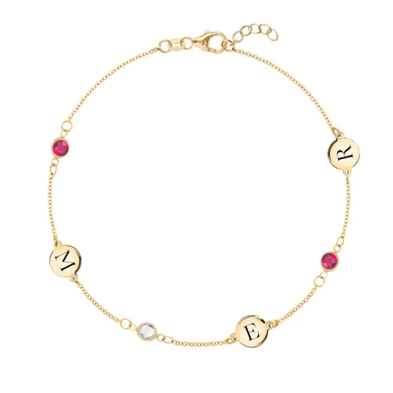 Personalized Classic 3 Letter & 3 Birthstone Bracelet in 14k Gold sold by Haverhill