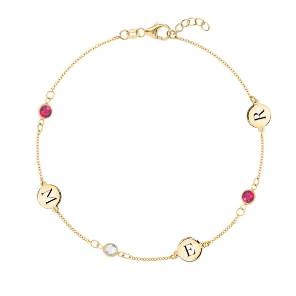 Personalized Classic 3 Letter & 3 Birthstone Bracelet in 14k Gold sold by Haverhill