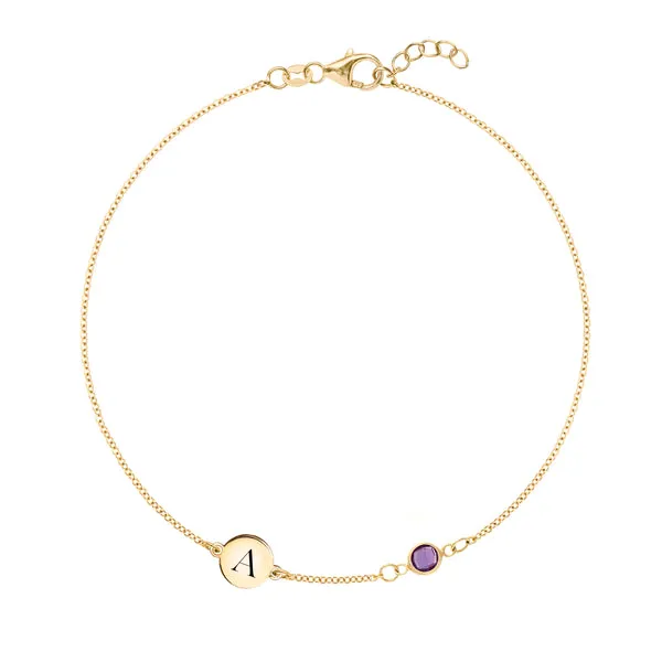 Personalized Classic 1 Letter & 1 Amethyst Bracelet in 14k Gold (February) sold by Haverhill