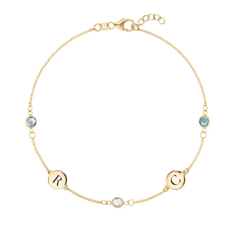 Personalized Classic 2 Letter & 3 Birthstone Bracelet in 14k Gold sold by Haverhill