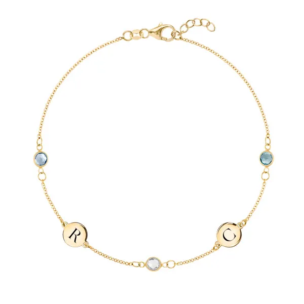 Personalized Classic 2 Letter & 3 Birthstone Bracelet in 14k Gold sold by Haverhill