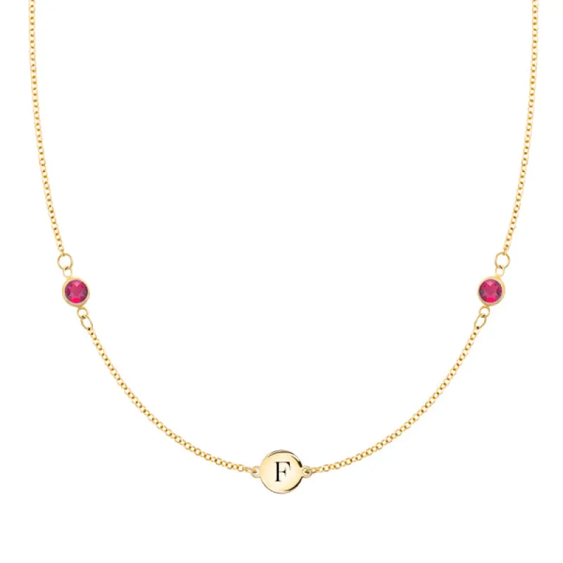 Personalized Classic 1 Letter & 2 Birthstone Necklace in 14k Gold sold by Haverhill