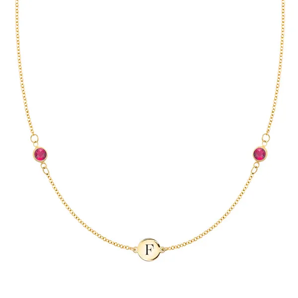 Personalized Classic 1 Letter & 2 Birthstone Necklace in 14k Gold sold by Haverhill