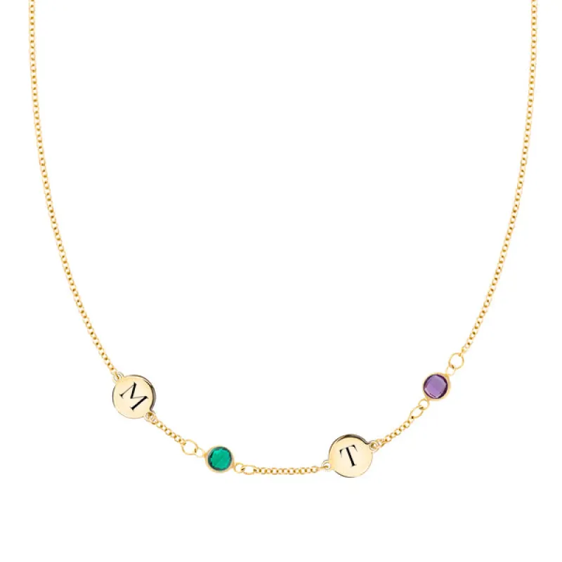 Personalized Classic 2 Letter & 2 Birthstone Necklace in 14k Gold (Single Spacing) sold by Haverhill