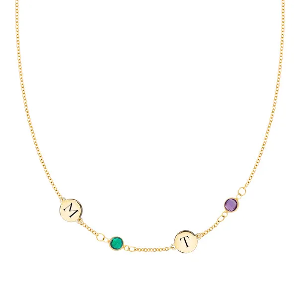 Personalized Classic 2 Letter & 2 Birthstone Necklace in 14k Gold (Single Spacing) sold by Haverhill