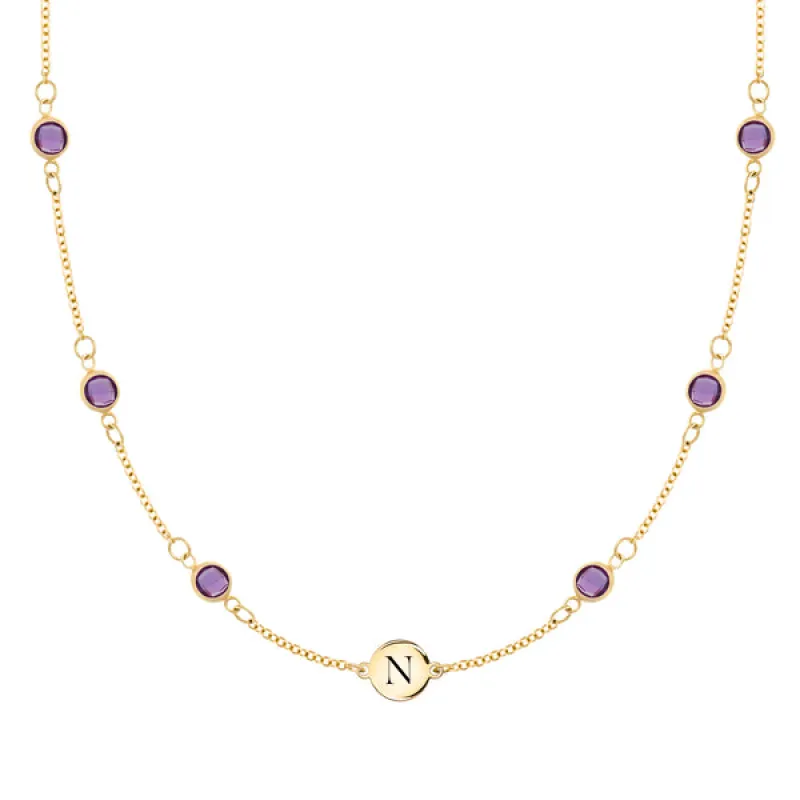 Personalized Classic 1 Letter & 6 Birthstone Necklace in 14k Gold (Double Spacing) sold by Haverhill