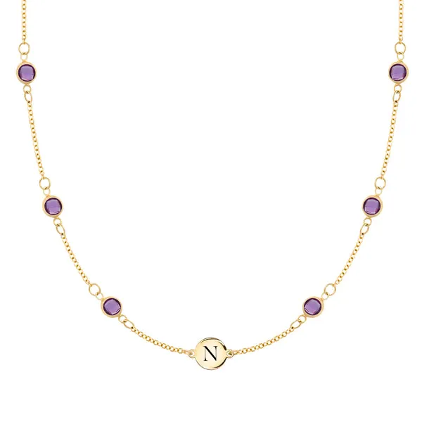 Personalized Classic 1 Letter & 6 Birthstone Necklace in 14k Gold (Double Spacing) sold by Haverhill