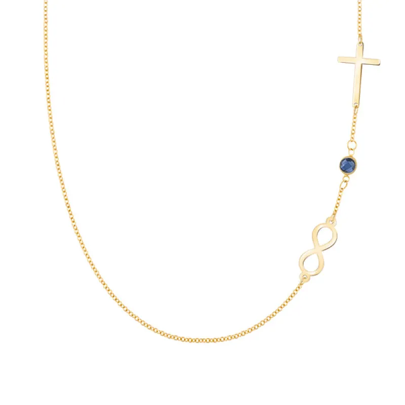 Personalized Classic Infinity & Cross with 1 Birthstone Necklace in 14k Gold sold by Haverhill