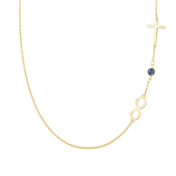 Personalized Classic Infinity & Cross with 1 Birthstone Necklace in 14k Gold sold by Haverhill