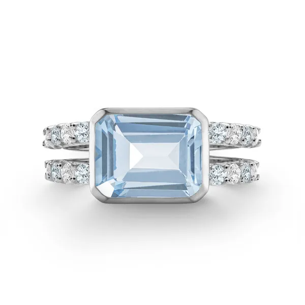 Personalized Warren Horizontal Birthstone Ring with Accent Stones in 14k Gold sold by Haverhill