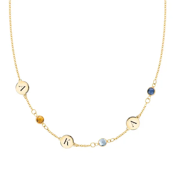 Personalized Classic 3 Letter & 3 Birthstone Necklace in 14k Gold (Single Spacing) sold by Haverhill