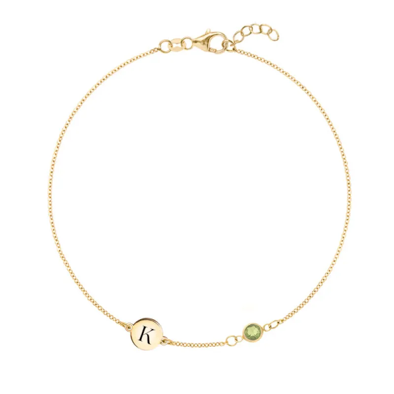 Personalized Classic 1 Letter & 1 Peridot Bracelet in 14k Gold (August) sold by Haverhill