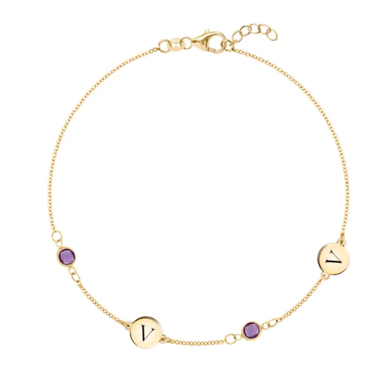 Personalized Classic 2 Letter & 2 Birthstone Bracelet in 14k Gold sold by Haverhill
