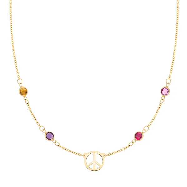 Personalized Peace Sign & 4 Birthstone Necklace in 14k Gold sold by Haverhill