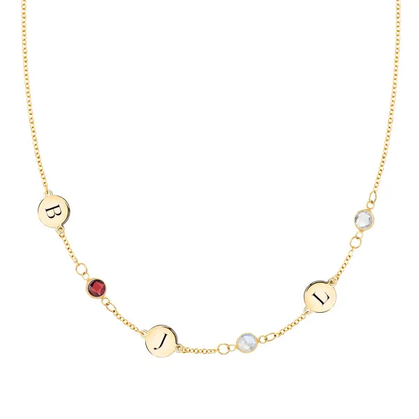 Personalized Classic 3 Letter & 3 Birthstone Necklace in 14k Gold (Single Spacing) sold by Haverhill