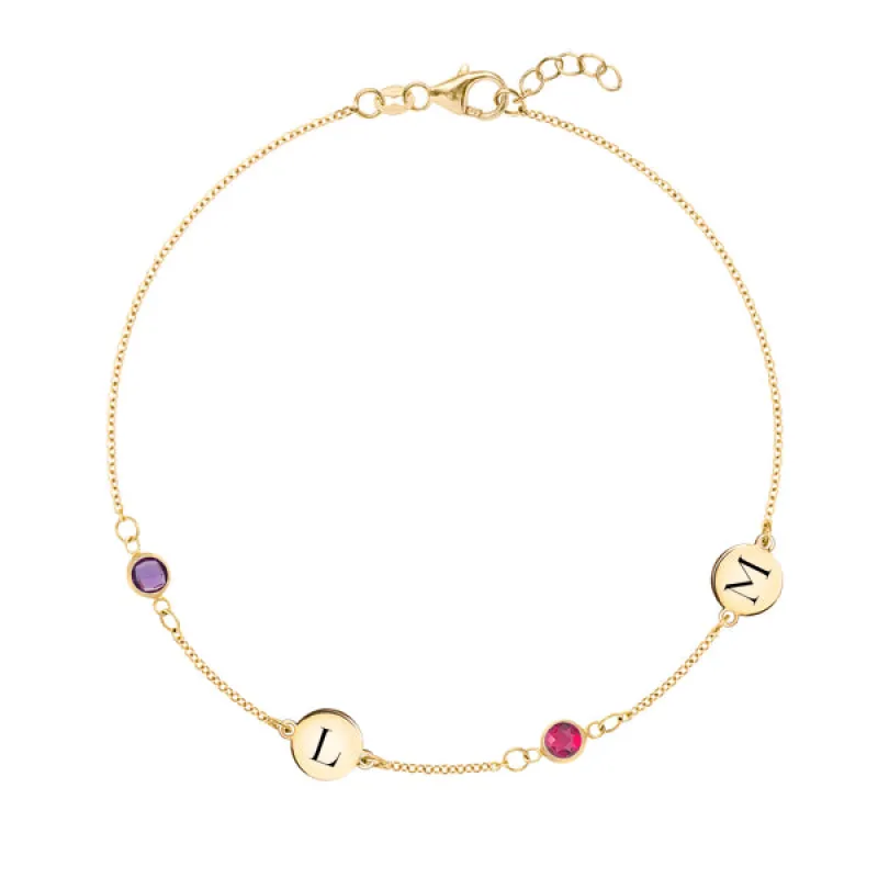 Personalized Classic 2 Letter & 2 Birthstone Bracelet in 14k Gold sold by Haverhill