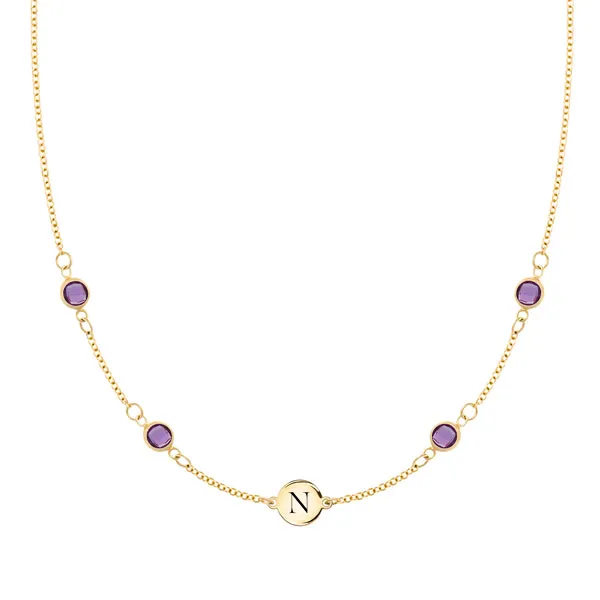 Personalized Classic 1 Letter & 4 Birthstone Necklace in 14k Gold (Double Spacing) sold by Haverhill