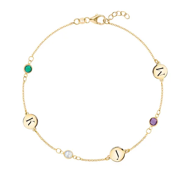Personalized Classic 3 Letter & 3 Birthstone Bracelet in 14k Gold sold by Haverhill