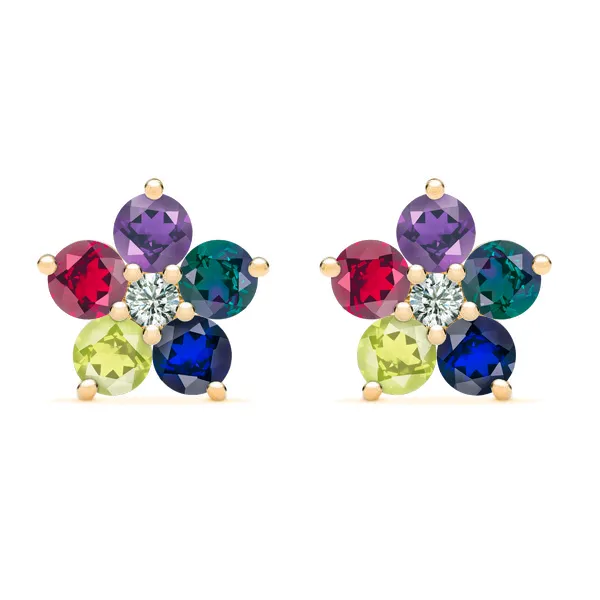 Personalized Greenwich Flower Birthstone & Diamond Earrings in 14k Gold sold by Haverhill