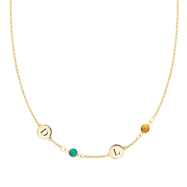Personalized Classic 2 Letter & 2 Birthstone Necklace in 14k Gold (Single Spacing) sold by Haverhill