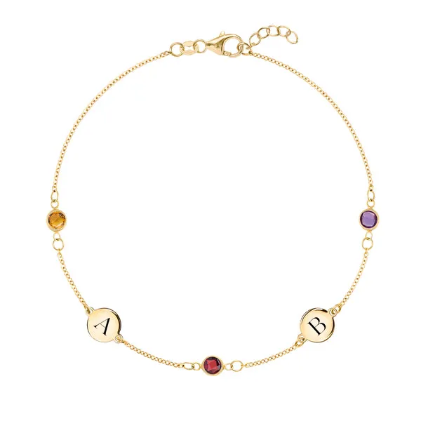 Personalized Classic 2 Letter & 3 Birthstone Bracelet in 14k Gold sold by Haverhill