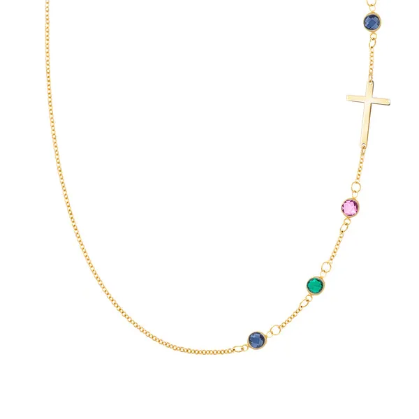 Personalized Classic Cross & 4 Birthstone Necklace in 14k Gold sold by Haverhill