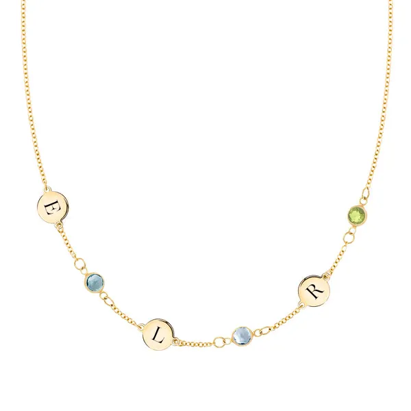 Personalized Classic 3 Letter & 3 Birthstone Necklace in 14k Gold (Single Spacing) sold by Haverhill