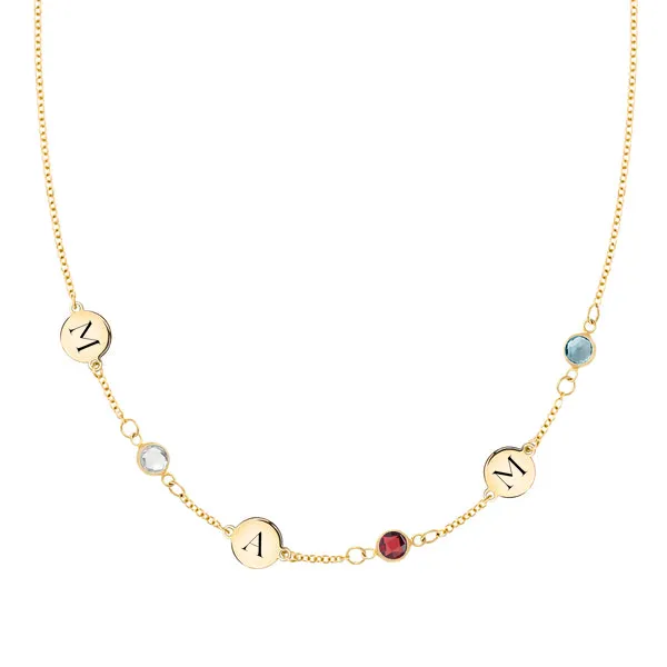 Personalized Classic 3 Letter & 3 Birthstone Necklace in 14k Gold (Single Spacing) sold by Haverhill