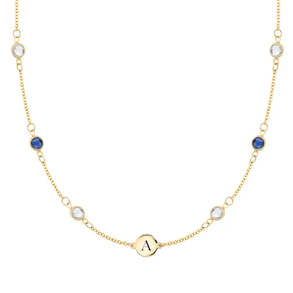 Personalized Classic 1 Letter & 6 Birthstone Necklace in 14k Gold (Double Spacing) sold by Haverhill