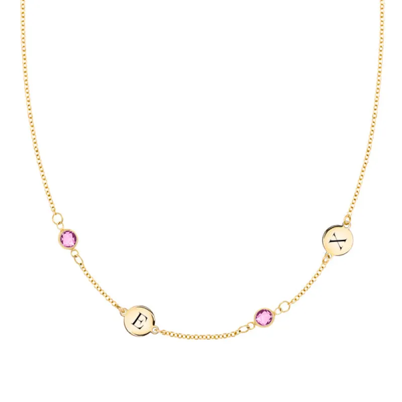 Personalized Classic 2 Letter & 2 Birthstone Necklace in 14k Gold (Double Spacing) sold by Haverhill