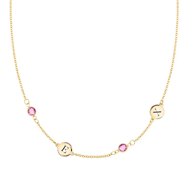 Personalized Classic 2 Letter & 2 Birthstone Necklace in 14k Gold (Double Spacing) sold by Haverhill