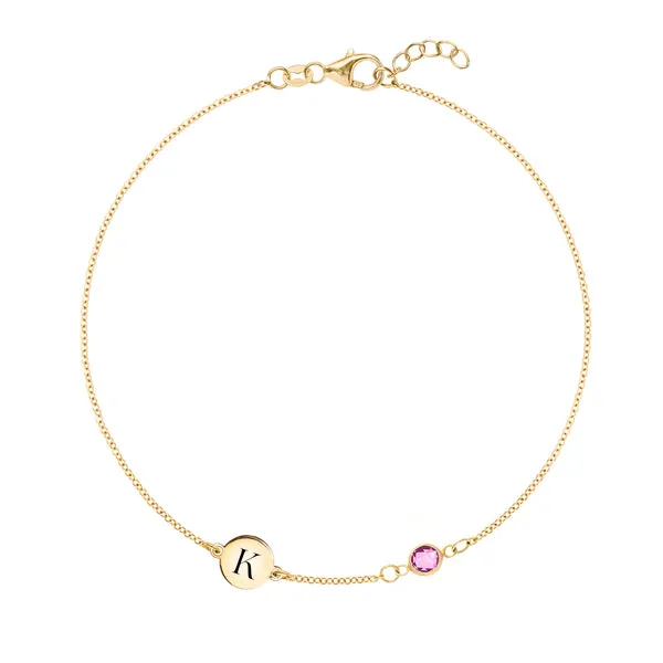 Personalized Classic 1 Letter & 1 Pink Sapphire Bracelet in 14k Gold (October) sold by Haverhill