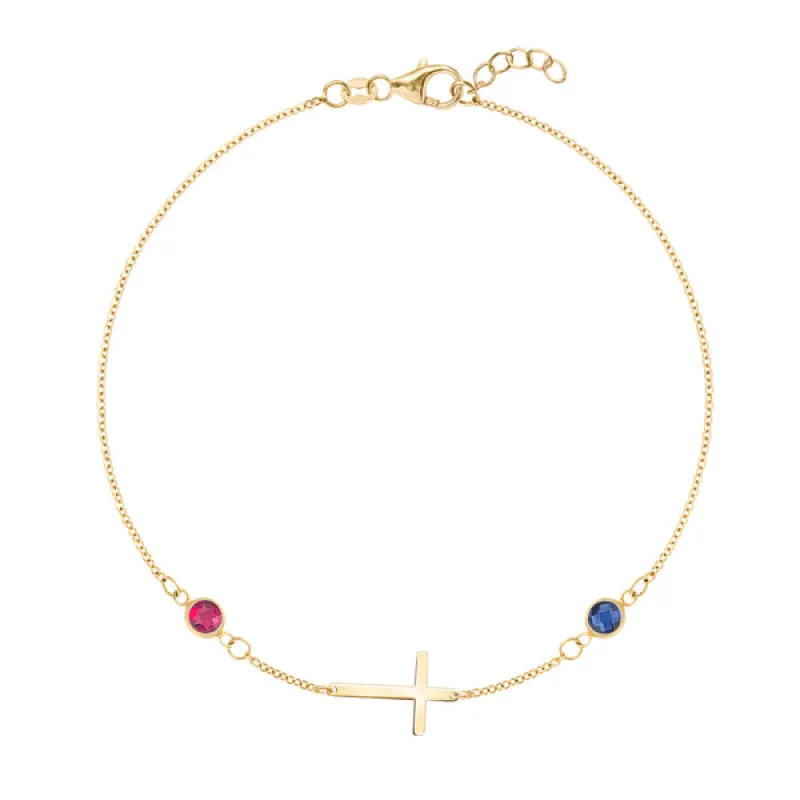 Personalized Classic Cross & 2 Birthstone Bracelet in 14k Gold sold by Haverhill