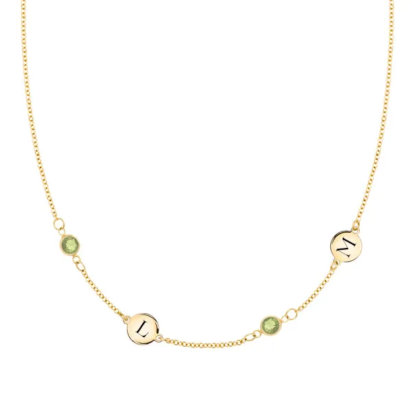 Personalized Classic 2 Letter & 2 Birthstone Necklace in 14k Gold (Double Spacing) sold by Haverhill