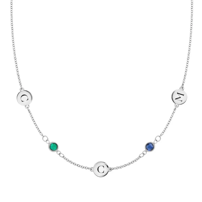 Personalized Classic 3 Letter & 2 Birthstone Necklace in 14k Gold (Double Spacing) sold by Haverhill