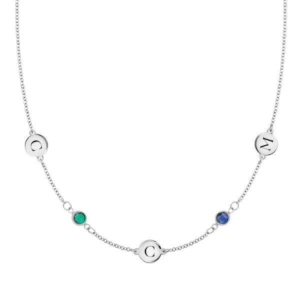 Personalized Classic 3 Letter & 2 Birthstone Necklace in 14k Gold (Double Spacing) sold by Haverhill