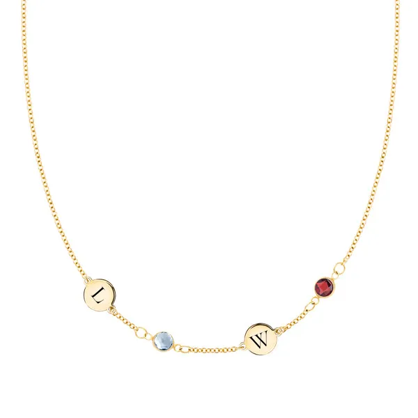 Personalized Classic 2 Letter & 2 Birthstone Necklace in 14k Gold (Single Spacing) sold by Haverhill