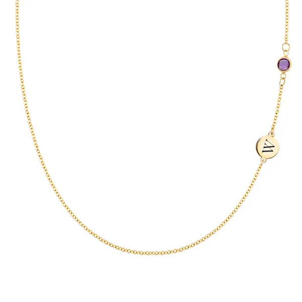 Personalized Classic 1 Letter & 1 Amethyst Necklace in 14k Gold (February) sold by Haverhill