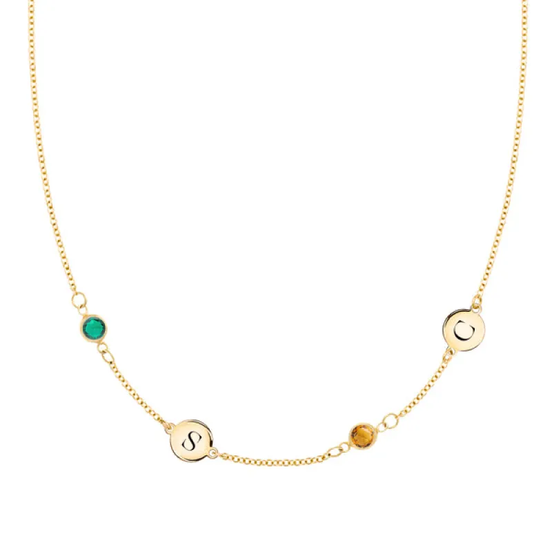 Personalized Classic 2 Letter & 2 Birthstone Necklace in 14k Gold (Double Spacing) sold by Haverhill
