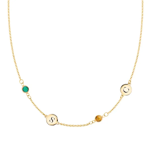 Personalized Classic 2 Letter & 2 Birthstone Necklace in 14k Gold (Double Spacing) sold by Haverhill