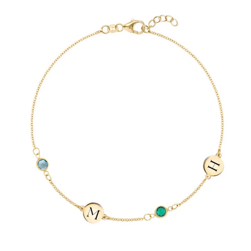 Personalized Classic 2 Letter & 2 Birthstone Bracelet in 14k Gold sold by Haverhill