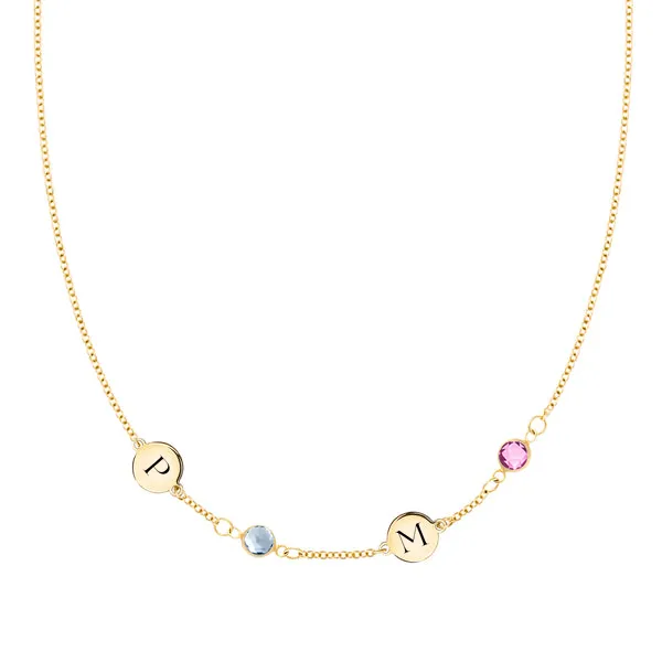 Personalized Classic 2 Letter & 2 Birthstone Necklace in 14k Gold (Single Spacing) sold by Haverhill