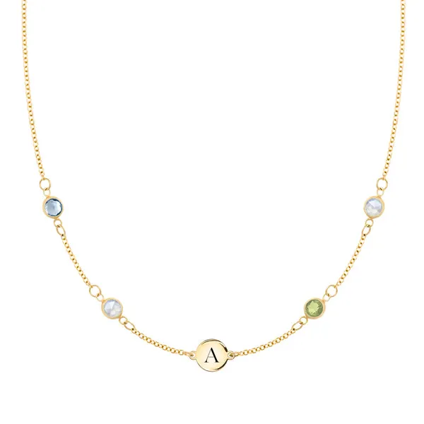 Personalized Classic 1 Letter & 4 Birthstone Necklace in 14k Gold (Double Spacing) sold by Haverhill