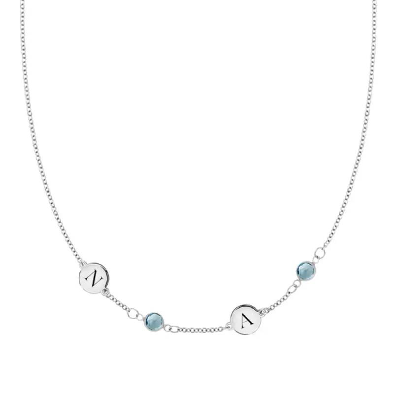 Personalized Classic 2 Letter & 2 Birthstone Necklace in 14k Gold (Single Spacing) sold by Haverhill