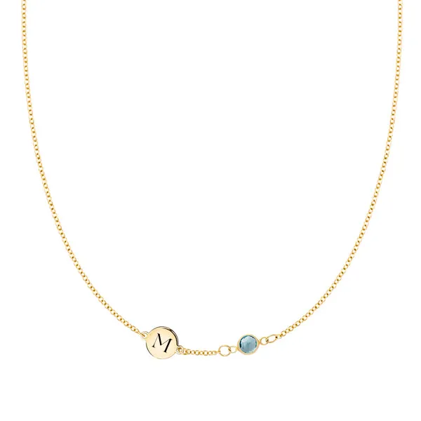 Personalized Classic 1 Letter & 1 Birthstone Necklace in 14k Gold (Single Spacing) sold by Haverhill