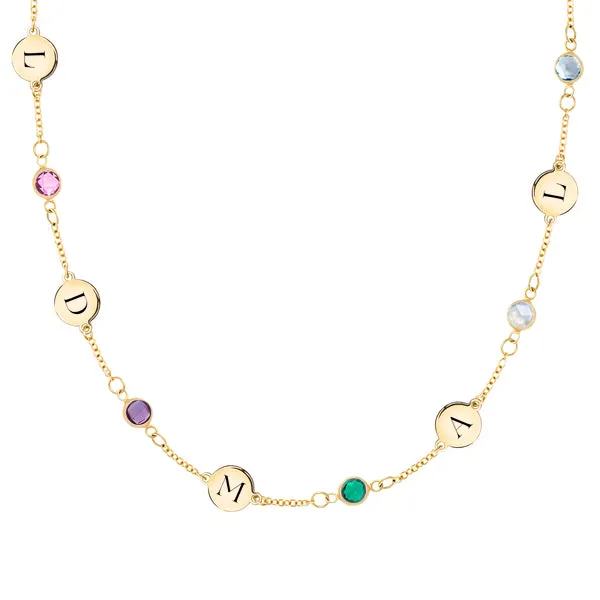 Personalized Classic 5 Letter & 5 Birthstone Necklace in 14k Gold (Single Spacing) sold by Haverhill